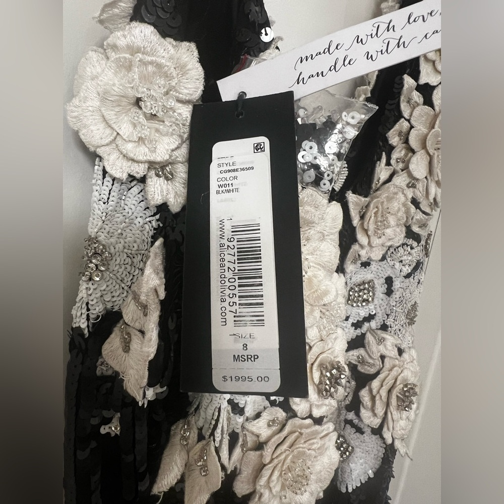 Alice+Olivia FRANCIE Asymmetric Floral Appliques Sequin Embellished Fitted Dress - Picture 10 of 17